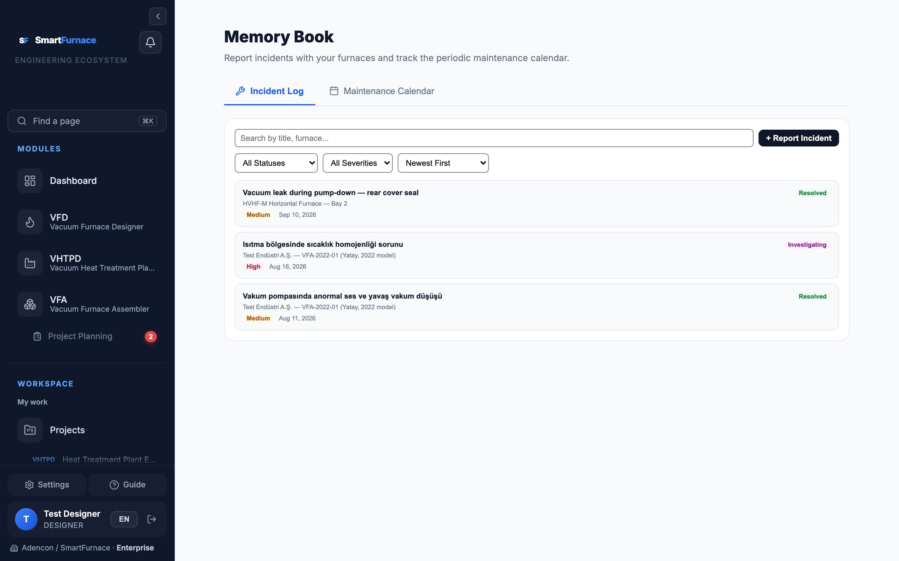 Memory Book incident log